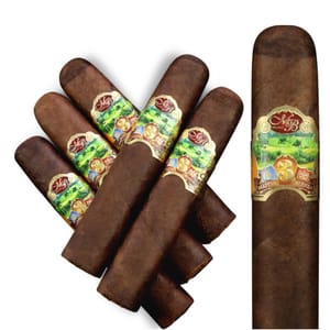 A collection of cigars with decorative bands.