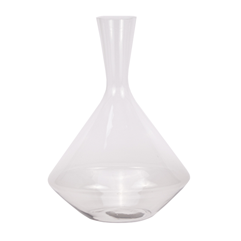 A clear glass wine decanter with a wide, rounded base and a narrow, elongated neck.