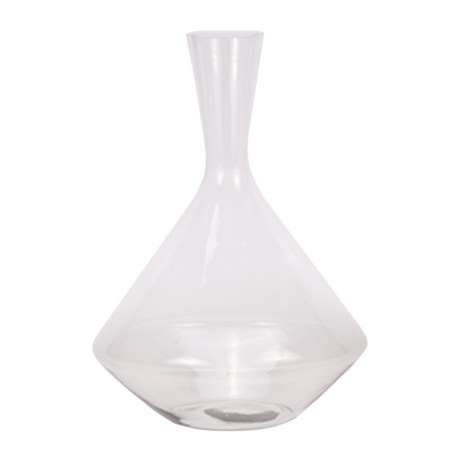A clear glass wine decanter with a wide, rounded base and a narrow, elongated neck.