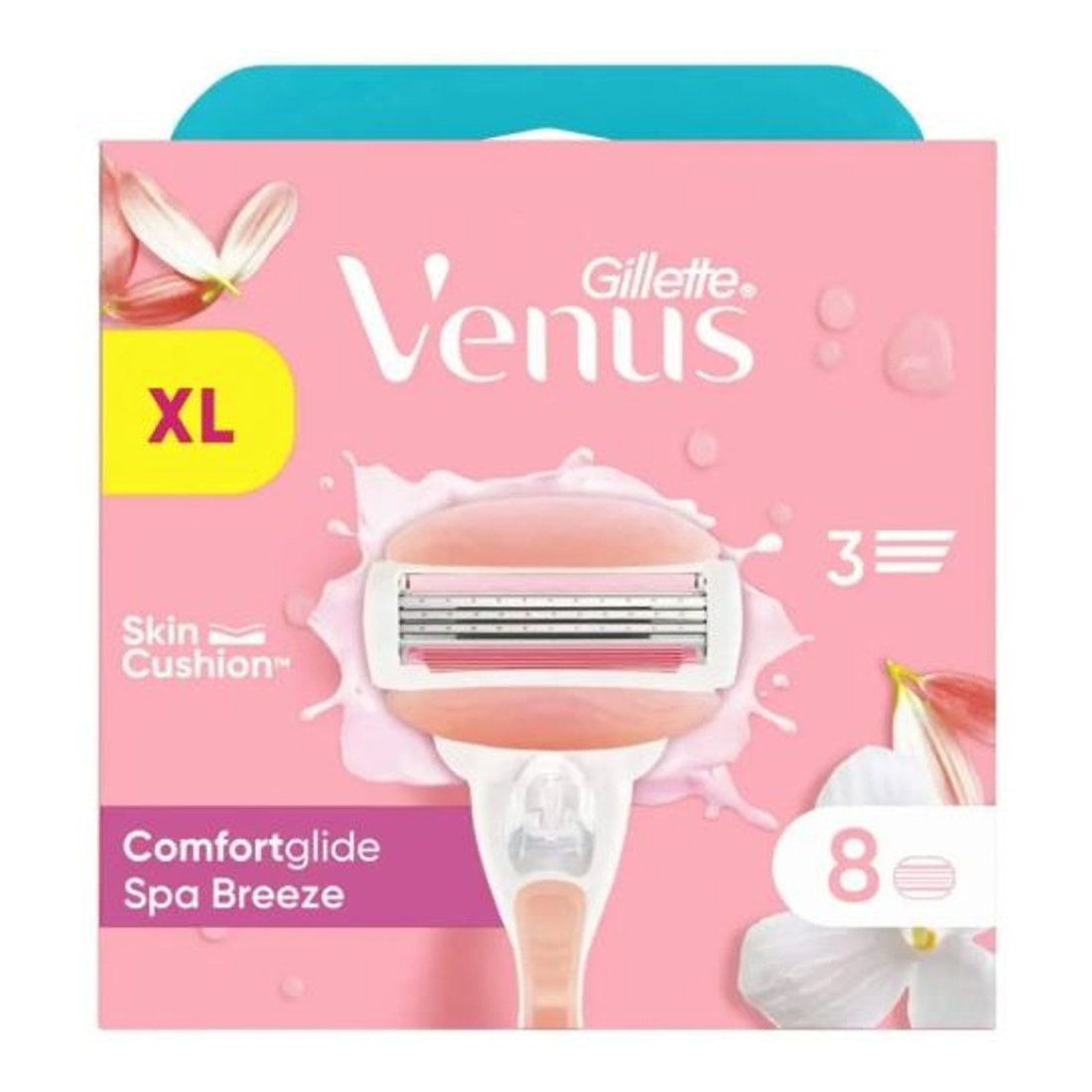 Gillette Venus Comfortglide Spa Breeze razor, featuring XL Skin Cushion technology, includes 8 razor blades. The packaging is pink with floral accents.