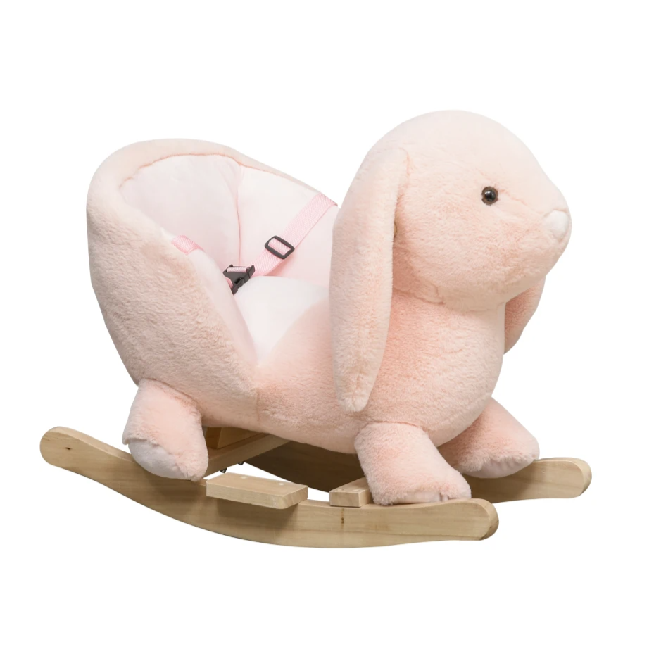 A pink plush rocking chair shaped like a bunny with a seatbelt, set on wooden rockers.