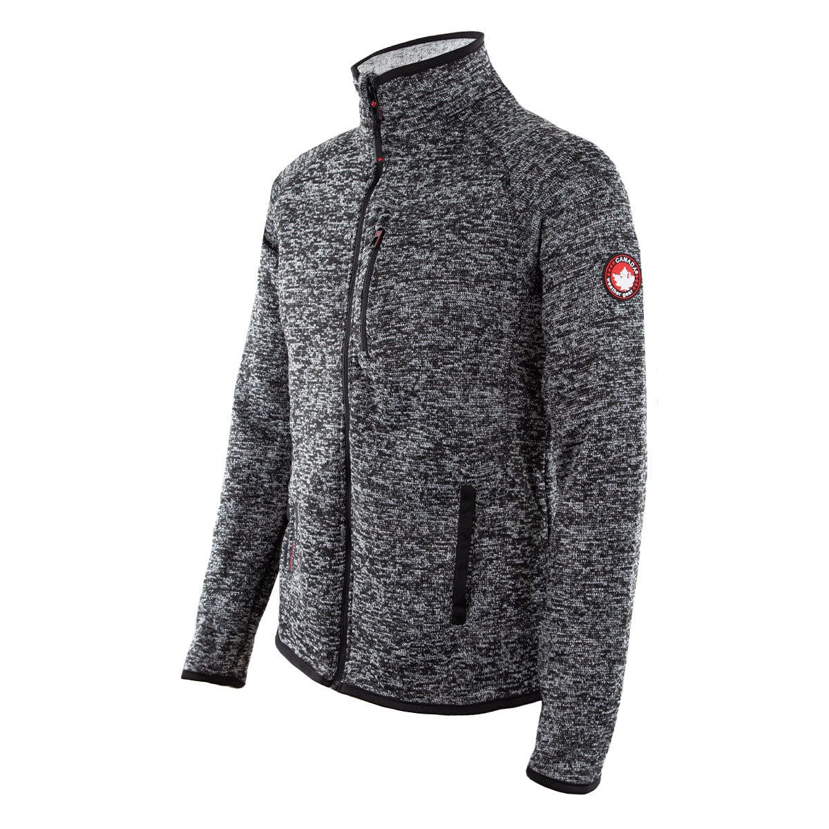 Gray fleece jacket with a full-zip front, high collar, and a red circular logo on the upper left sleeve.