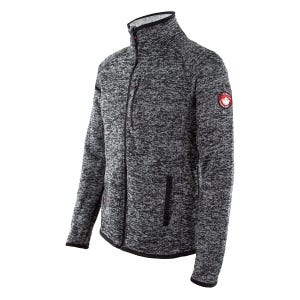 Gray fleece jacket with a full-zip front, high collar, and a red circular logo on the upper left sleeve.