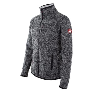 Gray fleece jacket with a full-zip front, high collar, and a red circular logo on the upper left sleeve.
