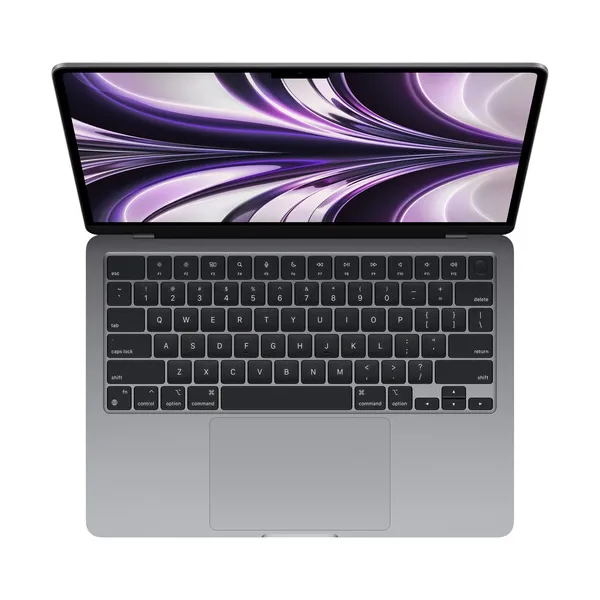 Open laptop with a black keyboard and a large touchpad, displaying a purple and black abstract wallpaper on the screen.
