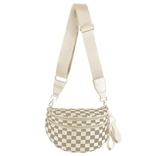 A beige and white checkered crossbody bag with a wide adjustable strap and two zippered compartments.