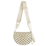 A beige and white checkered crossbody bag with a wide adjustable strap and two zippered compartments.