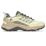 A Merrell hiking shoe featuring a beige and yellow color scheme, rugged outsole, and breathable mesh upper designed for outdoor activities.