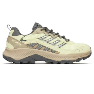 A Merrell hiking shoe featuring a beige and yellow color scheme, rugged outsole, and breathable mesh upper designed for outdoor activities.