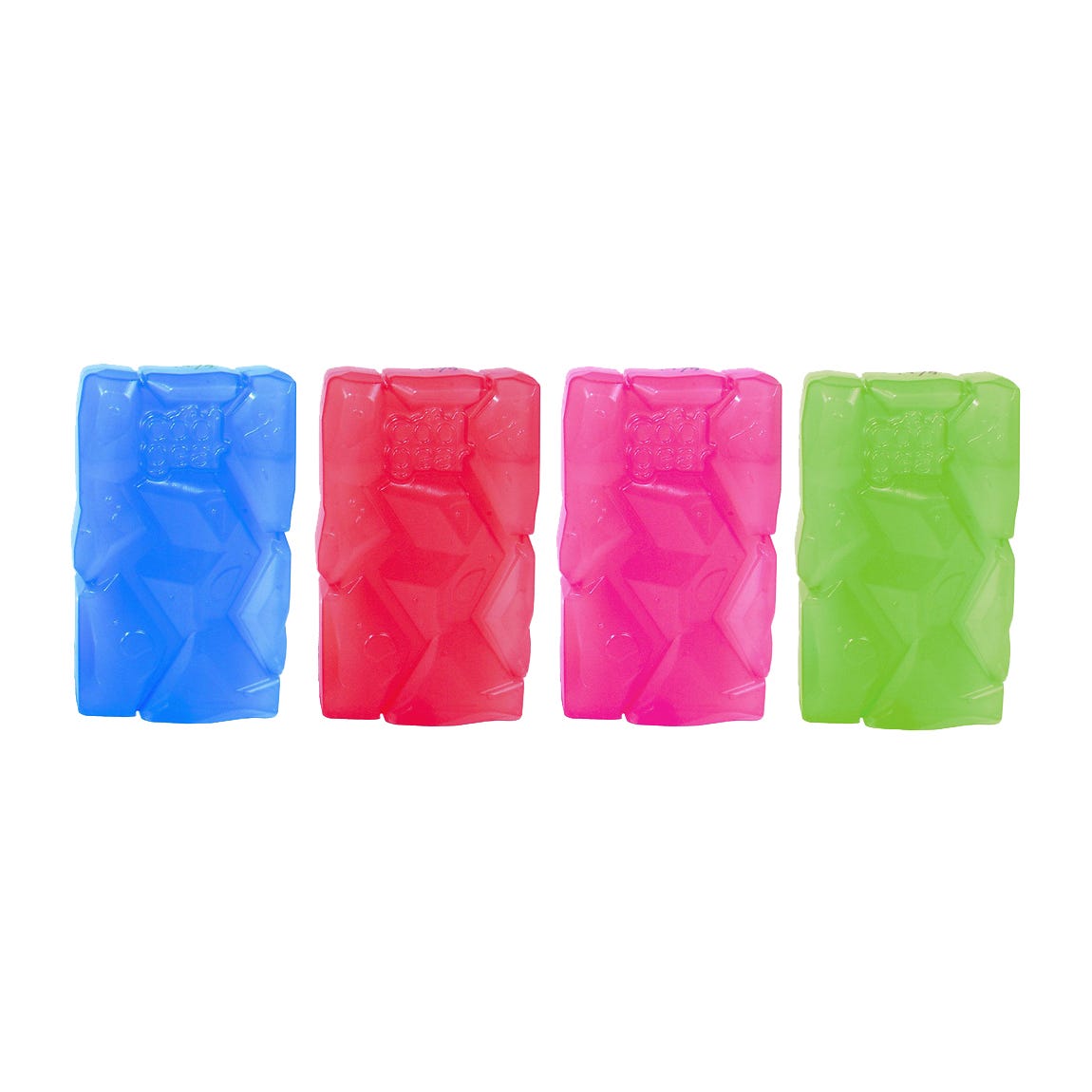 Four colorful plastic ice packs in blue, red, pink, and green arranged side by side.