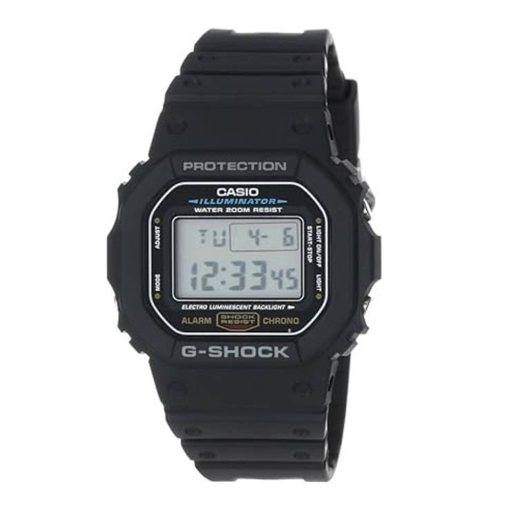 Casio G-Shock digital watch with black strap, illuminator backlight, water resistance, alarm, and stopwatch functions displayed.