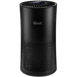 A black Levoit air purifier with a cylindrical design and a top control panel featuring a blue ring.