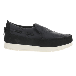A black quilted slip-on shoe with a white sole and decorative lacing around the sides.