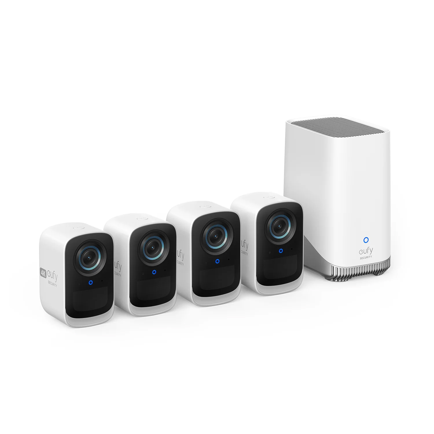 Four white security cameras with black lenses and a white base station with a speaker grille.