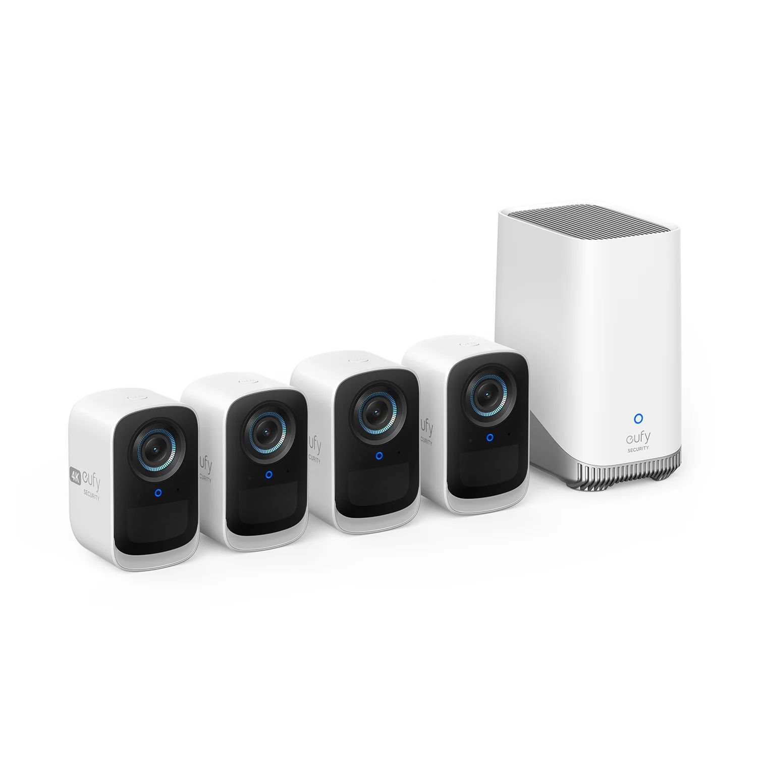Four white security cameras with black lenses and a white base station with a speaker grille.