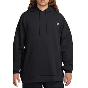 A person wears a black Nike hoodie with a small logo on the chest, featuring a front pocket and drawstring hood.