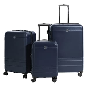 The 3pc Bon Voyage Luggage Set includes three navy blue suitcases of varying sizes with four spinner wheels each and telescopic handles, ideal for easy maneuverability and efficient packing.