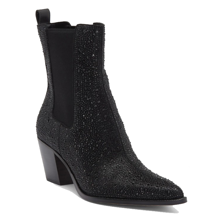 A black ankle boot with a pointed toe and stacked heel, embellished with sparkling rhinestones.
