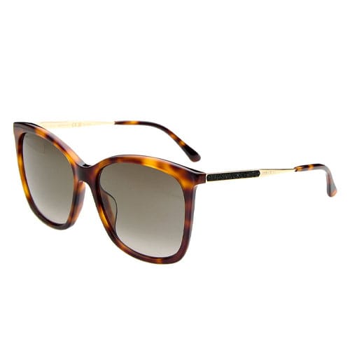 Tortoiseshell square sunglasses with gradient lenses and gold-toned arms featuring a black textured detail.