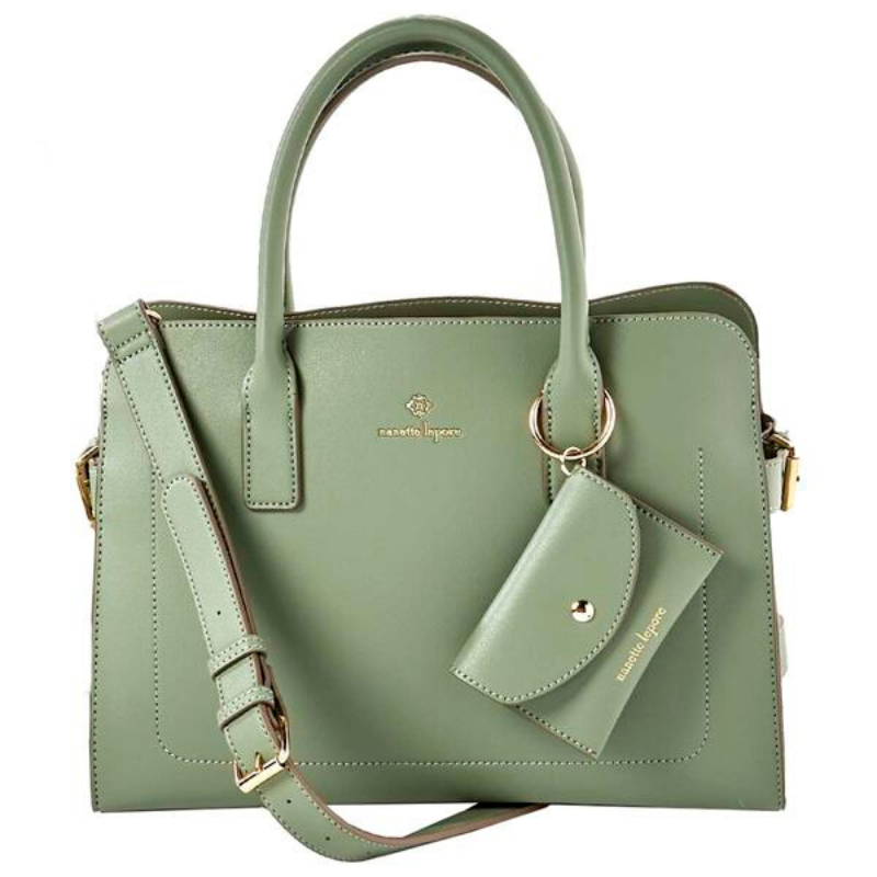 A sage green Nanette Lepore satchel bag with dual top handles, a detachable shoulder strap, and a matching attached wallet. The bag features gold-tone hardware and branding on the front.