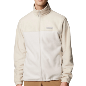 A cream-colored Columbia fleece full-zip jacket with a high collar and side pockets features the Columbia logo on the chest, paired with tan pants.