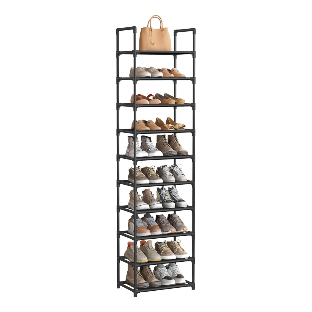 A tall black shoe rack with multiple tiers holds various shoes and a handbag on top, organized neatly for storage and display.