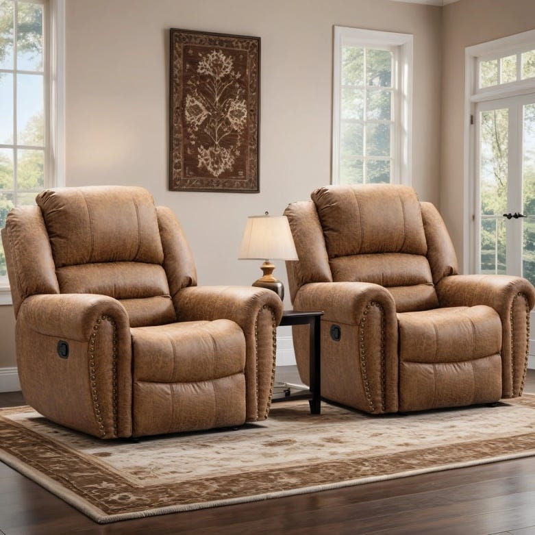 Two brown leather recliners with nailhead trim sit on a patterned rug in a living room, separated by a small side table with a lamp.