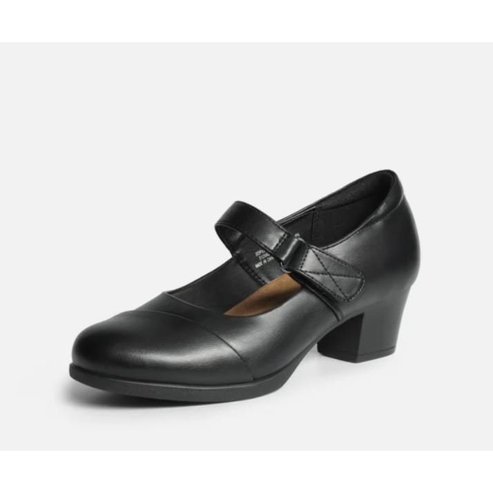 Black Mary Jane style shoe with a strap across the top and a chunky heel.