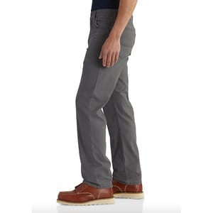 Gray cargo pants paired with brown leather work boots.