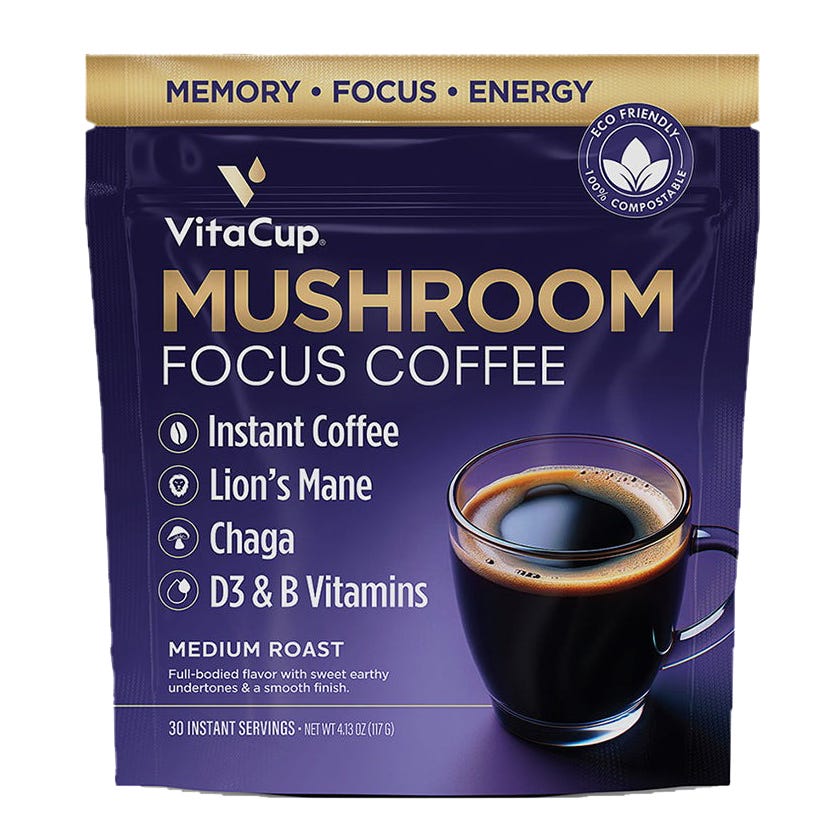 VitaCup Mushroom Focus Coffee features instant coffee with Lion's Mane, Chaga, and D3 & B vitamins. It offers a medium roast with sweet earthy undertones, packaged as 30 instant servings, touted for memory, focus, and energy.
