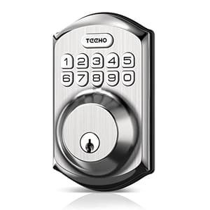 Electronic keypad deadbolt lock with numeric buttons and keyhole for manual entry.
