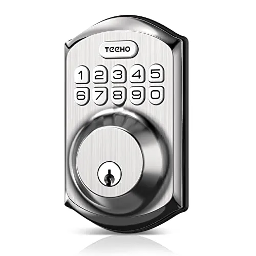 Electronic keypad deadbolt lock with numeric buttons and keyhole for manual entry.