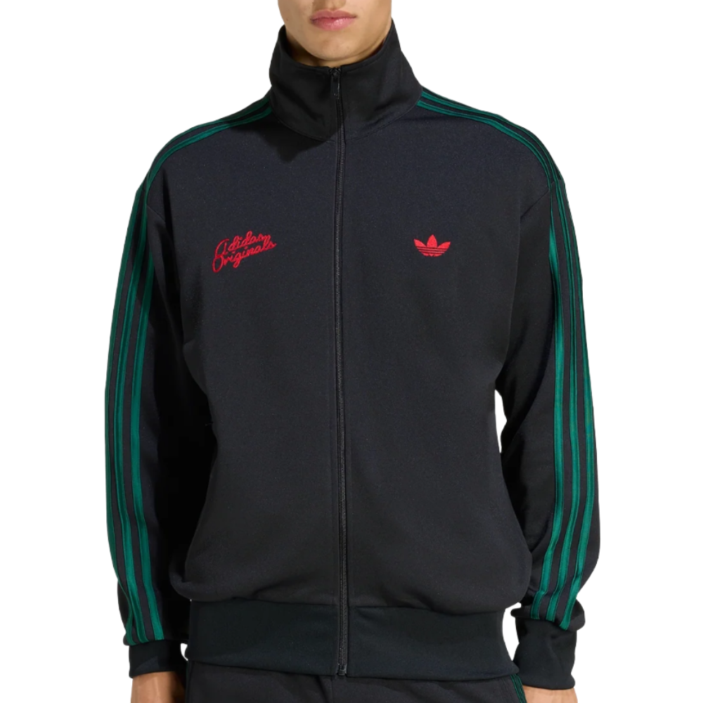 A black track jacket with green stripes and red \“Adidas Originals\“ text and logo on the chest.