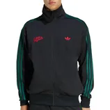 A black track jacket with green stripes and red \“Adidas Originals\“ text and logo on the chest.