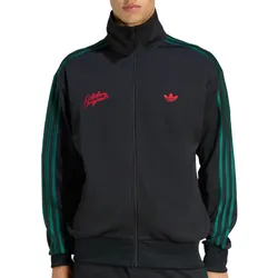 A black track jacket with green stripes and red \“Adidas Originals\“ text and logo on the chest.