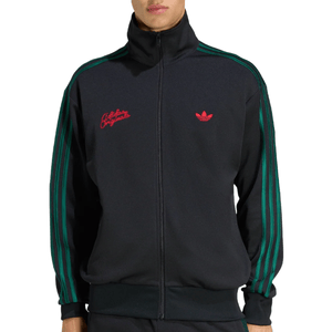 A black track jacket with green stripes and red \“Adidas Originals\“ text and logo on the chest.