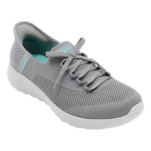 A gray Skechers GOWalk Slip-Ins shoe featuring a seamless knit upper, slip-on design with laces, and a cushioned white sole. The interior lining is turquoise, providing additional comfort.