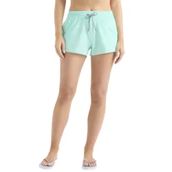 Light blue, elastic waistband shorts with a drawstring, paired with light purple flip-flops.