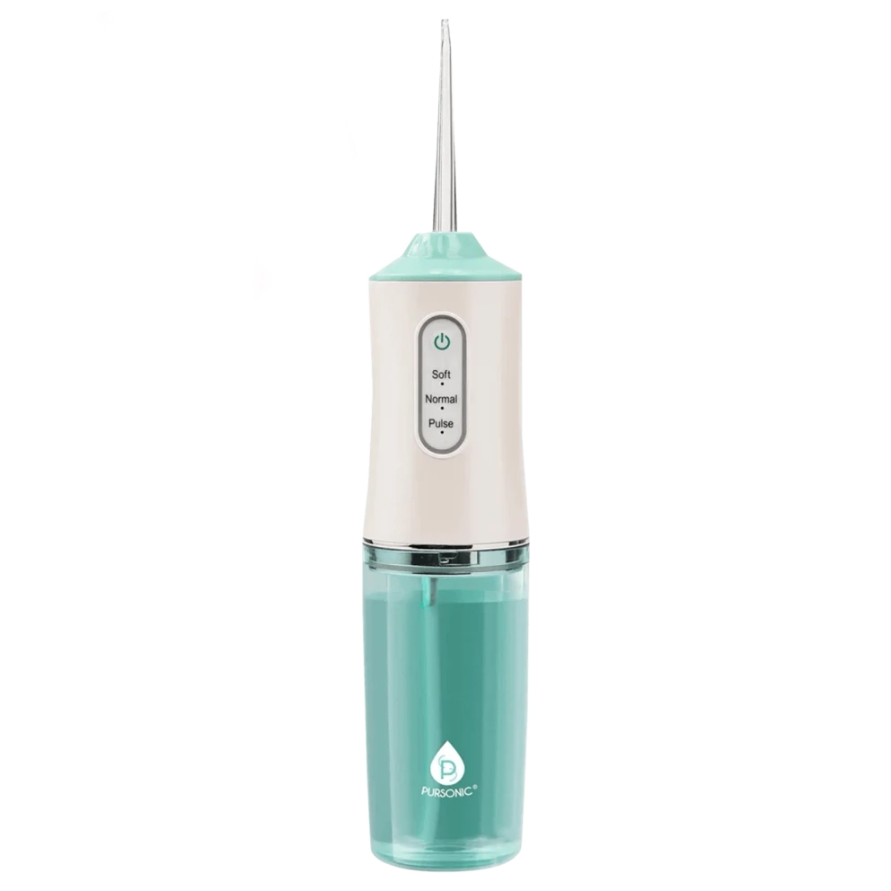 A USB water flosser with a sleek design featuring a blue water tank, white handle, and mint green accents. It has buttons for \“Soft,\“ \“Normal,\“ and \“Pulse\“ settings.