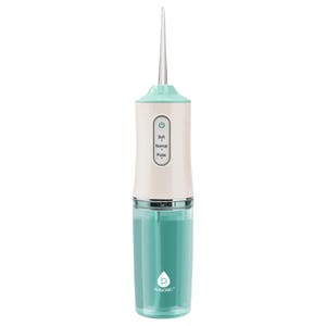 A USB water flosser with a sleek design featuring a blue water tank, white handle, and mint green accents. It has buttons for \“Soft,\“ \“Normal,\“ and \“Pulse\“ settings.