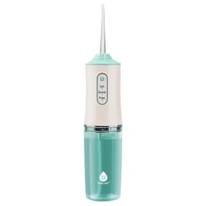 A USB water flosser with a sleek design featuring a blue water tank, white handle, and mint green accents. It has buttons for \“Soft,\“ \“Normal,\“ and \“Pulse\“ settings.