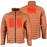 A brown heated jacket with visible heating elements on the chest and back. It's a quilted design with a front zipper and zippered pockets.