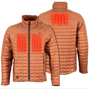 A brown heated jacket with visible heating elements on the chest and back. It's a quilted design with a front zipper and zippered pockets.