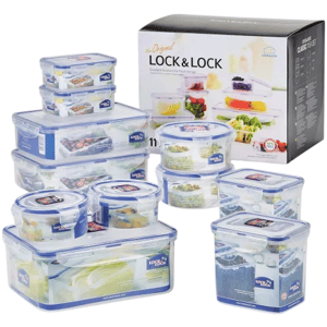 A set of 11 airtight, clear plastic storage containers with blue lids, suitable for food storage, is displayed alongside the packaging box.