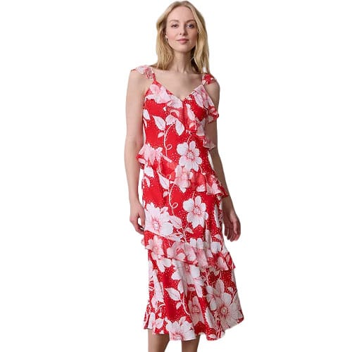 Red and white floral ruffle dress with tie straps and a layered skirt design.