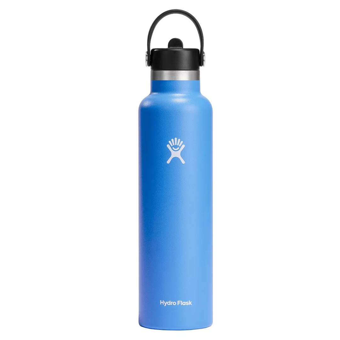 A blue Hydro Flask water bottle with a black lid and a carrying handle, featuring a white logo on its side.
