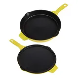 Two yellow-and-black cast iron pans, one with high sides and a handle, and the other round and flat, both featuring dual spouts.