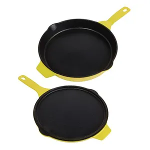 Two yellow-and-black cast iron pans, one with high sides and a handle, and the other round and flat, both featuring dual spouts.