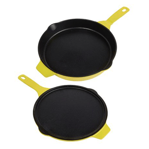 Two yellow-and-black cast iron pans, one with high sides and a handle, and the other round and flat, both featuring dual spouts.