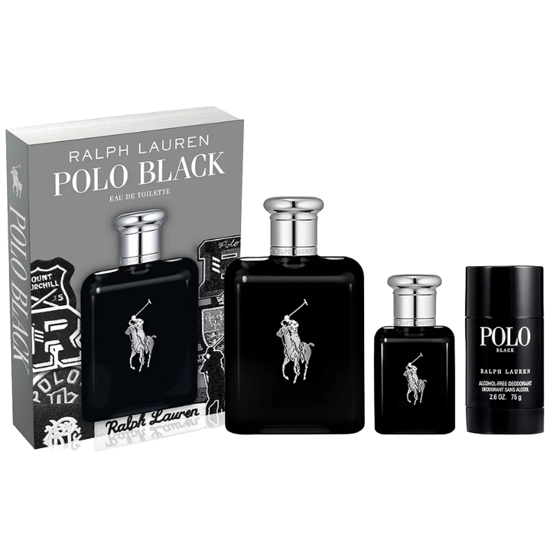 Ralph Lauren Polo Black set includes Eau de Toilette in two sizes and an alcohol-free deodorant. The packaging features the iconic Polo logo.